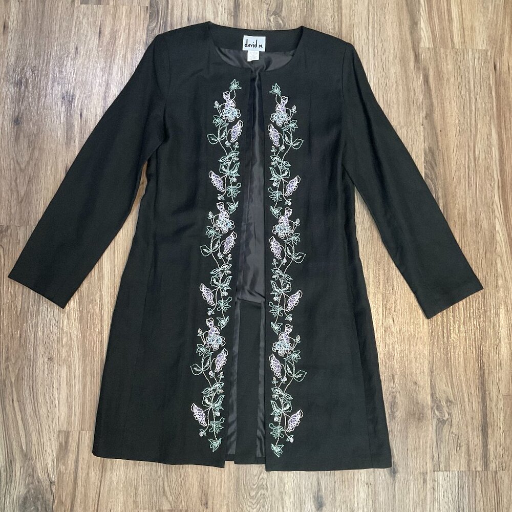 Vintage David N. Linen Blazer Jacket Coat Duster Cardigan Black Embroidered Sz 6